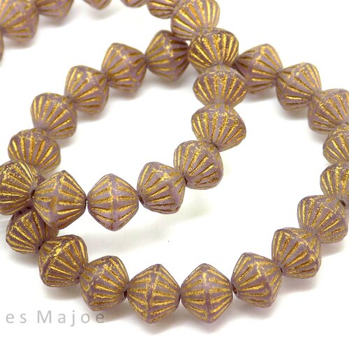 10 perles tchèques en verre rondelles bicone reflet violet et patine dorée 7 x 8 mm