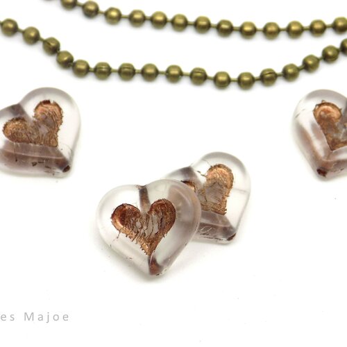 Perle coeur en verre tchèque, semi transparent, patine et incrustation cuivre, 14 x 12 mm, lot de 4