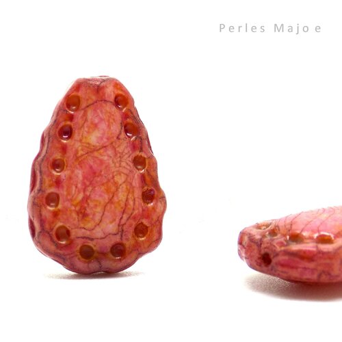 Perle tchèque goutte, larme de dentelle, verre pressé, tons rose, fuchsias, marron, 17 x 12 mm, lot de 2