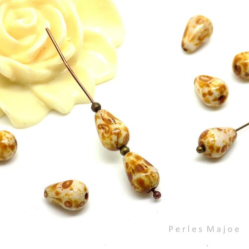 Perles tchèques goutte, picasso en verre pressé tons marron clair, ivoire, caramel, dimensions 9 x 6 mm, lot de 10