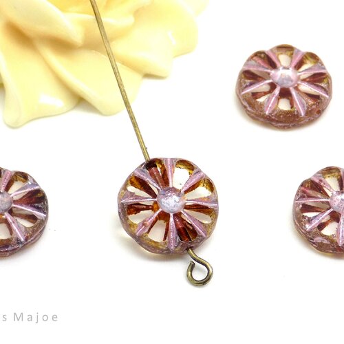 Perles tchèques soleil, en verre pressé, transparente, tons prune, rose, argenté, diamètre 12 mm, lot de 4