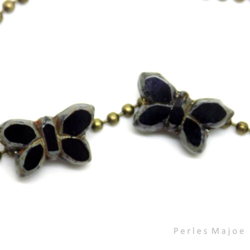 Perle tchèque papillon, verre pressé, noir, 20 x 12 mm, lot de 2