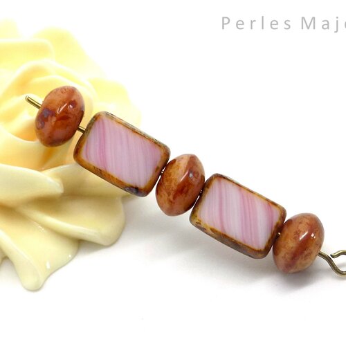 Perles tchèques rectangle et rondelle picasso assortiment en verre pressé rose pale et marron patine lot de 5 perles