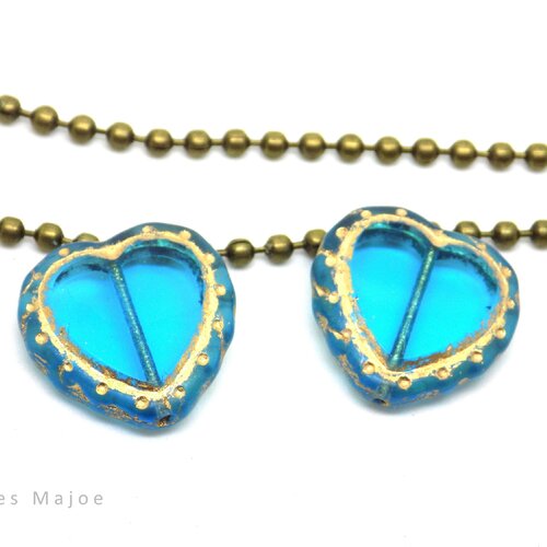 Perle tchèque coeur, en verre transparent, bleu, contour et patine bronze antique, 18 mm, lot de 2
