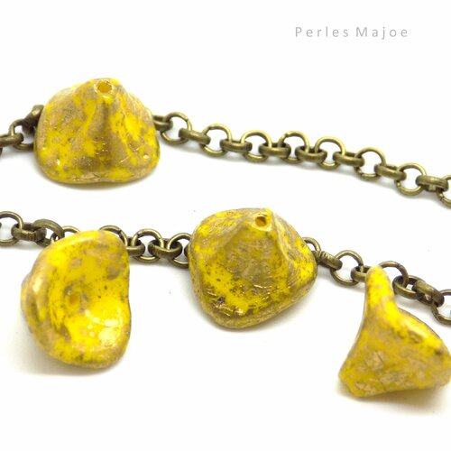 Perle tchèque clochette, verre pressé, opaque, tons jaune, doré, bronze antique, effet goutte, 12 x 9 mm, lot de 4