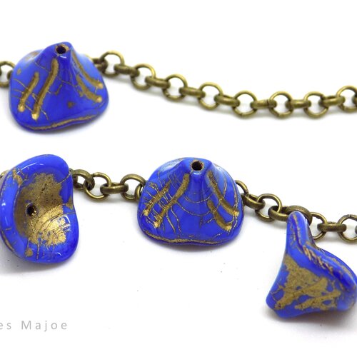 Perle tchèque clochette, en verre pressé, opaque, bleu, bronze, patine, 12 x 9 mm, lot de 4
