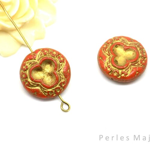 Perles tchèques fleur en verre style vintage ronde et plate ton orange et patine doré mat artisanale diamètre 18 mm lot de 2 pièces