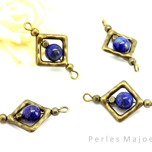 4 connecteurs bronze avec perles en lapis lazuli et perle bronze décorée