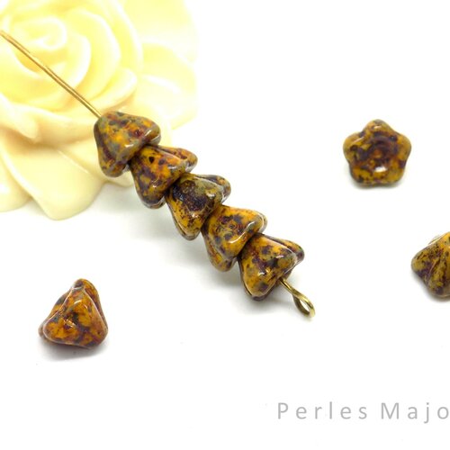 Perles tchèques cloche coupelle en verre pressé picasso tons marron orangé patine tâchetée  8 x 6 mm lot de 8