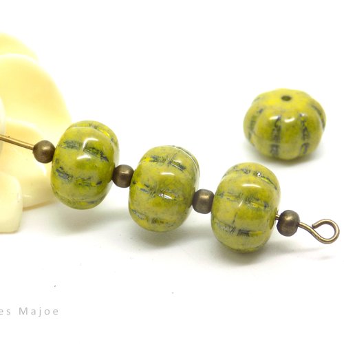 Perles tchèques citrouille, verre pressé, picasso, divers tons de vert, 11 x 8 mm, lot de 6