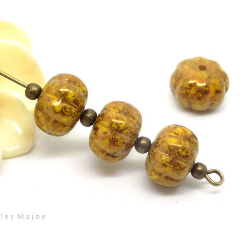 Perles tchèques citrouille, verre pressé, picasso, divers tons mordoré, jaune, beige, marron, 11 x 8 mm, lot de 6