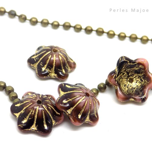 Perles tchèques clochettes, verre pressé, tons marron, rose fuchsia , patine bronze antique, 14 x 6 mm, lot de 2
