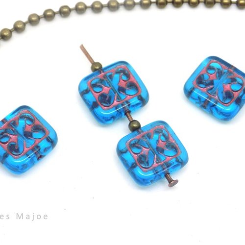 Perles tchèques rectangle, ornemental, en verre pressé, tons bleu turquoise et cuivre, 11 x 12 mm, lot de 4