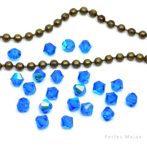 Perles tchèques toupies, bicone, en verre, translucide, bleu capri ab, 4 mm, lot de 30