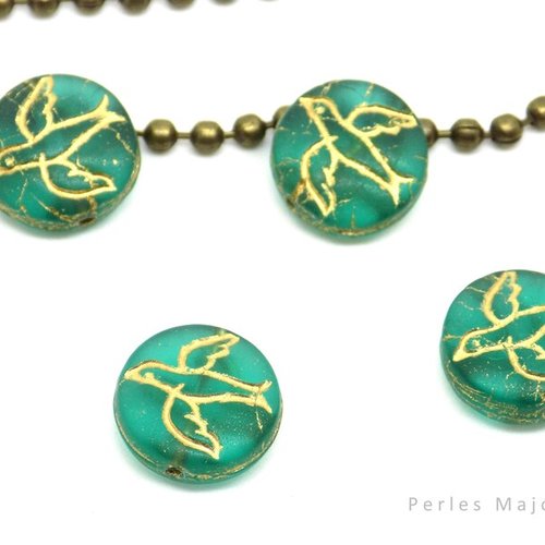 Perle tchèque oiseaux, gravés, verre pressé, translucide, vert, bronze antique, 12 mm, lot de 4