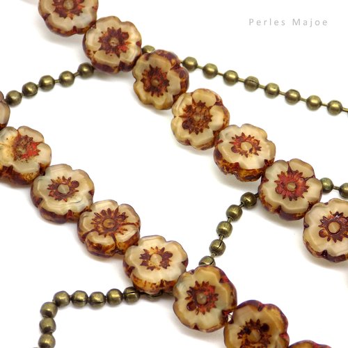 Perle tchèque fleur hawaïenne, verre pressé, tons crème, beige, marron, patine, diamètre 10mm, lot de 6