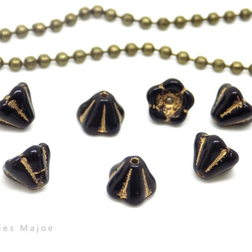 Perles tchèques clochettes, verre pressé, opaque, noir, patine or antique, 10 x 6 mm, lot de 10