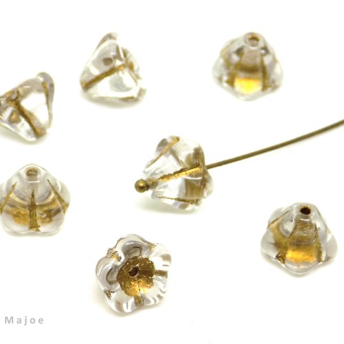10 perles tchèques clochettes, en verre pressé, translucide, incrustation bronze antique, 8 x 6 mm