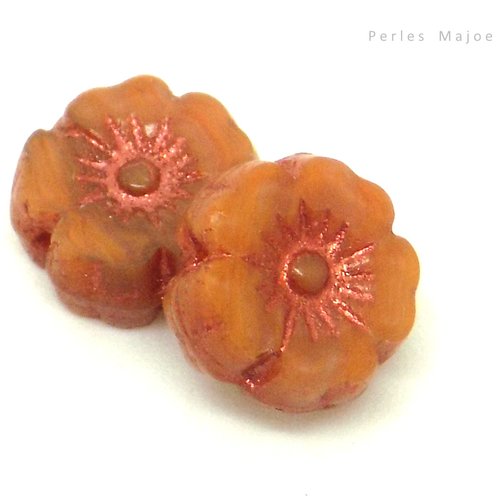 Perle tchèque fleur hawaïenne, verre pressé, marron clair, contour et incrustation cuivrée, diamètre 8 mm, lot de 8