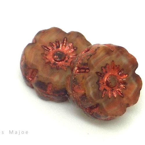 Perle tchèque fleur hawaïenne, verre pressé, divers tons marron, beige, contour et incrustation cuivrée, diamètre 8 mm, lot de 8