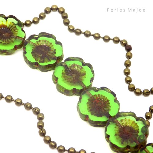 Perles tchèques fleur hawaïenne, translucide, en verre pressé, tons vert, bronze, patine, 14 mm, lot de 4