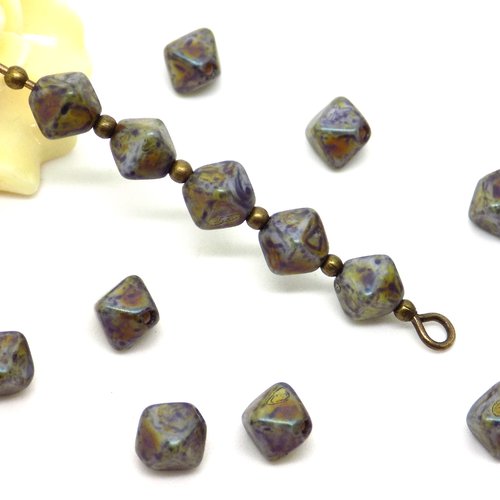 Perle tchèque bicone, verre pressé, picasso, divers tons gris, marron, jaune, bleu, 6 x 6 mm, lot de 20