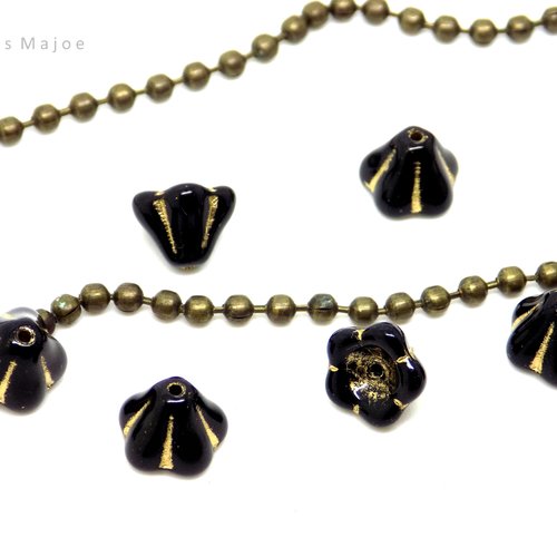 Perles tchèques clochettes, opaque, verre pressé, noir, patine bronze antique, 8 x 6 mm, lot de 10