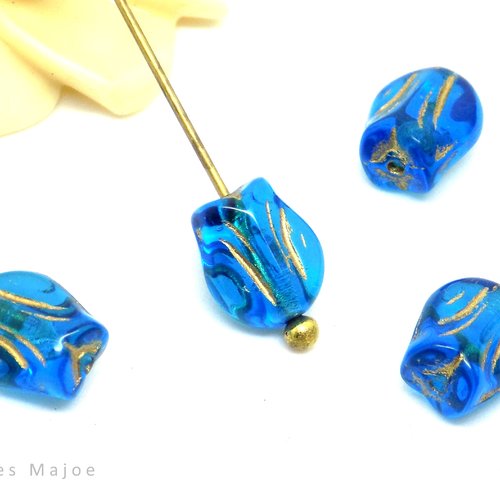 Perles tchèques tulipes, cloche, fleur, translucide, bleu, patine bronze antique, 9 x 7 mm, lot de 10