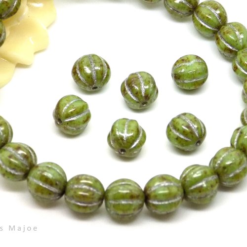 Perles tchèques melons, rondes, vertes, verre pressé, incrustation argentée, patine, diamètre 8 mm, lot de 10