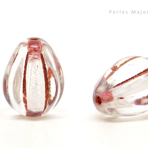 Perle tchèque goutte, melon, verre pressé, translucide, incrustation et patine cuivrées, 11 x 9 mm, lot de 4