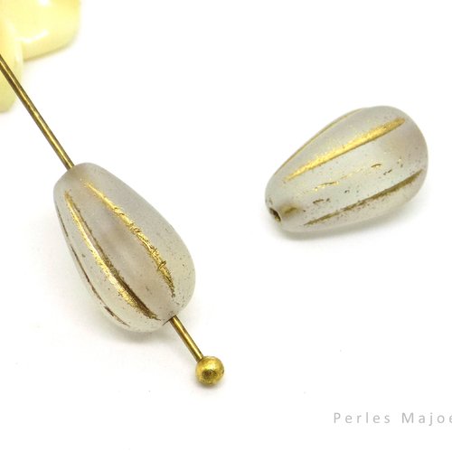 Perle tchèque goutte, melon, en verre pressé, givré, translucide, patine bronze antique, 13 x 8 mm, lot de 4