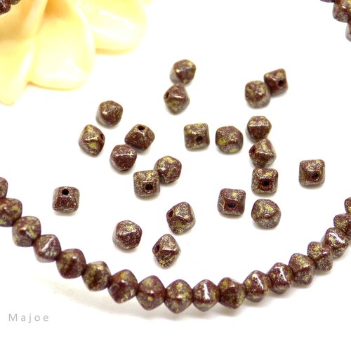 Perle tchèque toupie, bicône, verre pressé, tons marron, mordoré, patine, 4 x 4mm, lot de 30
