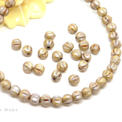 Perles tchèques melons, rondes, verre pressé, tons crème, beige, marron, argent, patine, 4 mm, lot de 30