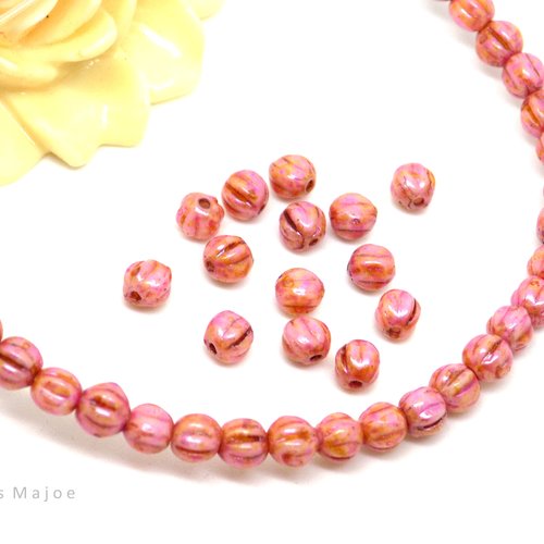 Perles tchèques melons, rondes, verre pressé, divers tons rose, jaune, marron, patine, 4 mm, lot de 30