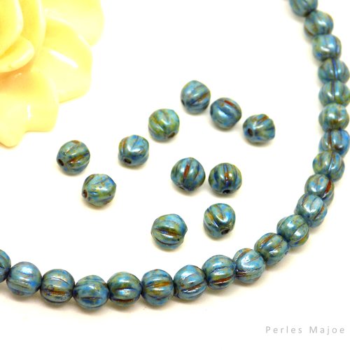 Perles tchèques melons, rondes, verre pressé, divers tons bleus, vert, marron, patine, 4 mm, lot de 30