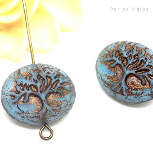 Perle tchèque arbre de vie, ovale, verre pressé, tons bleu, cuivrée, patine, 18 x 14 mm, lot de 2