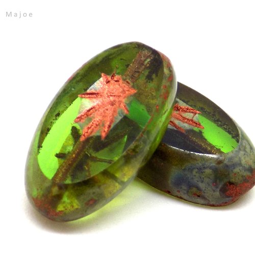 Perle tchèque ovale, kiwi, verre translucide, vert émeraude, picasso, incrustation cuivrée, 19 x 10 mm, lot de 4