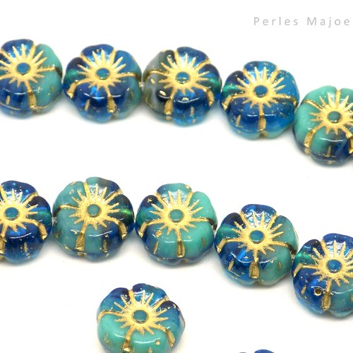 Perles tchèques fleurs hawaïennes, verre pressé, brillant, divers tons bleu vert, patine or antique, 8 mm, lot de 8