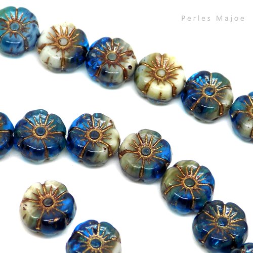 Perles tchèques fleurs hawaïennes, verre pressé, brillant, tons bleu, blanc, patine bronze antique, 8 mm, lot de 8