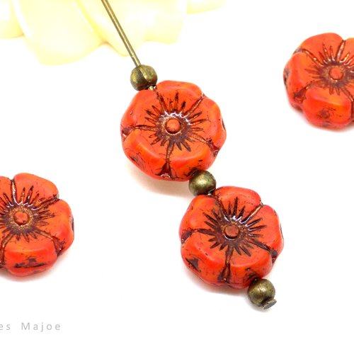 Perles tchèques fleurs hawaïennes, verre pressé, tons marron orangé, patine bronze antique, 12 mm, lot de 6 pièces
