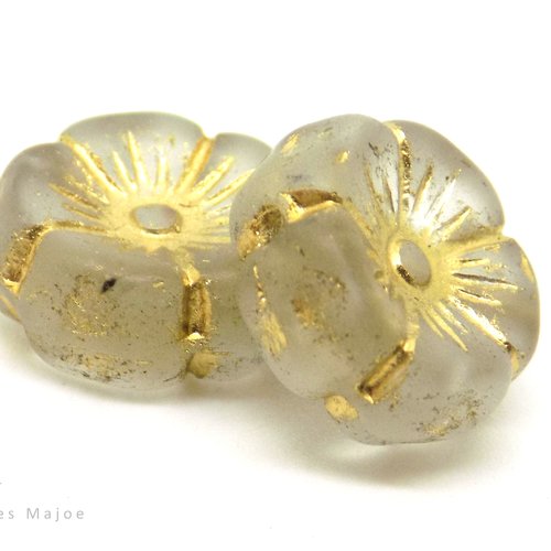 Perles tchèques fleurs hawaïennes, en verre pressé, translucide, dorée, patine, 12 mm, lot de 6 pièces