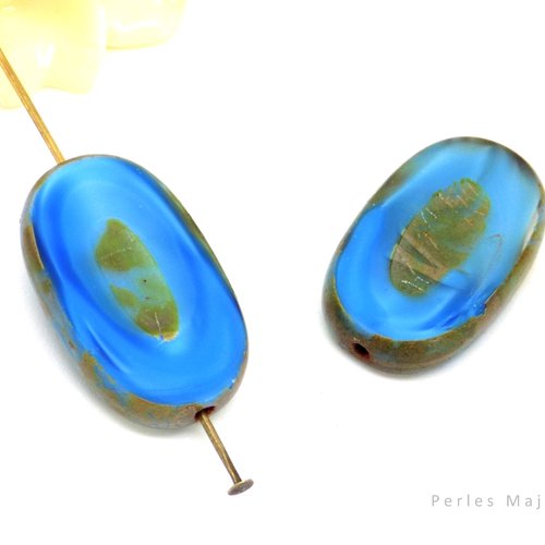 Perles tchèques ovales, verre pressé opaque, tons bleu turquoise, vert, mordoré, patine, 21 x 12 mm, lot de 2