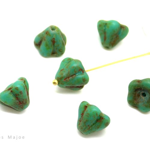 Perles clochettes, fleurs, verre pressé, picasso, tons vert, marron, patine, 8 x 6 mm, lot de 8