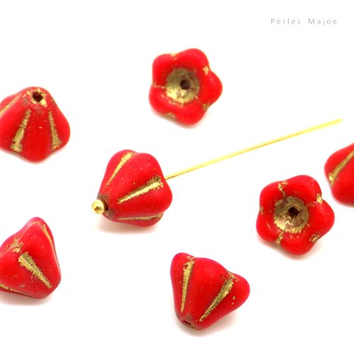 Perles clochettes, fleurs, verre pressé, opaque, rouge, incrustation bronze antique, 8 x 6 mm, lot de 8