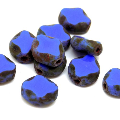 Perles tchèques ovales, croix, verre pressé, bleu roi, contour marron effet antique, patine, 9 x 8 mm, lot de 10