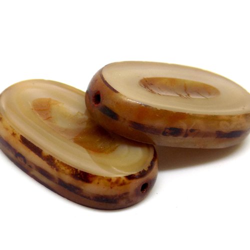 Perles tchèques ovales, verre pressé opaque, tons beige, marron, patine, 21 x 12 mm, lot de 2