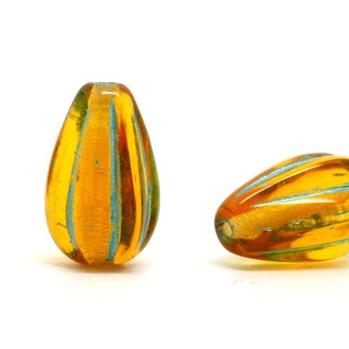 Perle tchèque goutte, melon, translucide, verre pressé, tons miel, bleu turquoise, patine, 13 x 8 mm, lot de 4