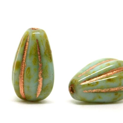 Perle tchèque goutte, melon, verre pressé, tons vert pale, vert clair, cuivrée, patine, 13 x 8 mm, lot de 4