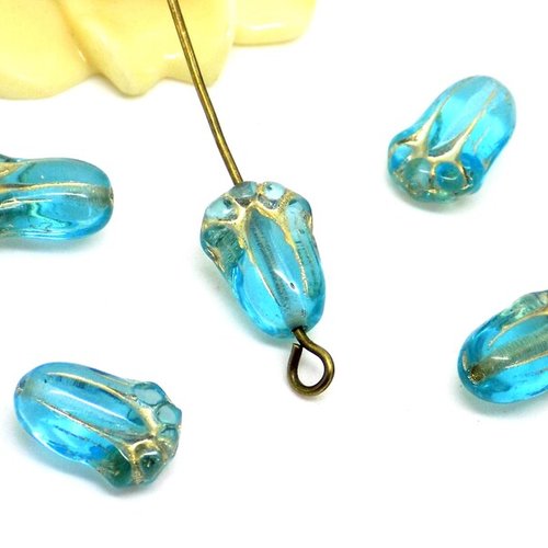 Perles tchèques tulipes, fleur, semi translucide, verre pressé, bleu clair, bronze antique, 12 x 8 mm, lot de 6