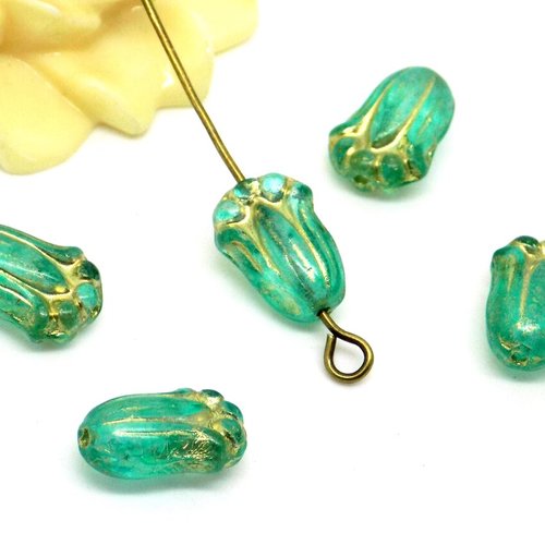 Perles tchèques tulipes, fleur, verre pressé, vert émeraude, semi translucide, bronze antique, patine, 12 x 8 mm, lot de 6